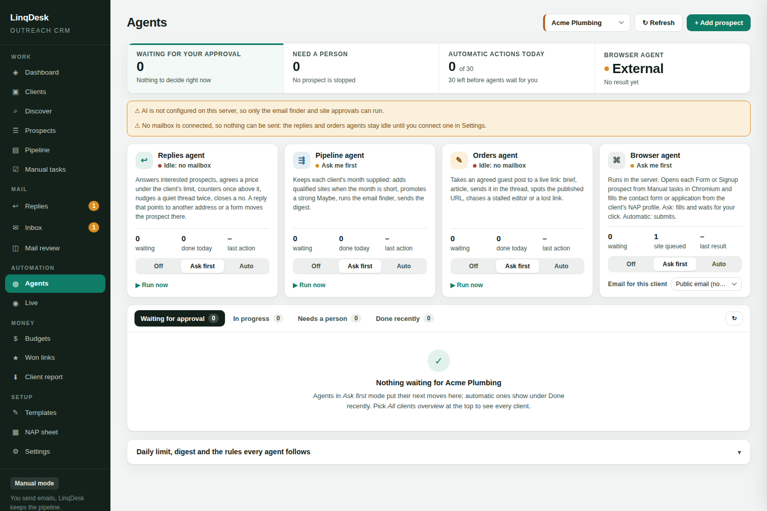 The LinqDesk Agents page: four agent cards with Off, Ask first and Auto modes, and the queue of actions waiting for approval